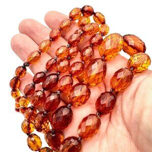 Antique Womans Necklace Baltic Amber 52 Grams Oval Faceted Beads 36 Inch Vintage